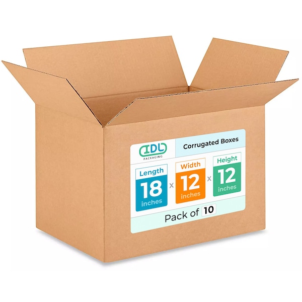 Idl Packaging 18 in x 12 in x 12 in Shipping Box, Kraft, Corrugate, Single Wall, 200#, 10 PK B-181212-10 - main